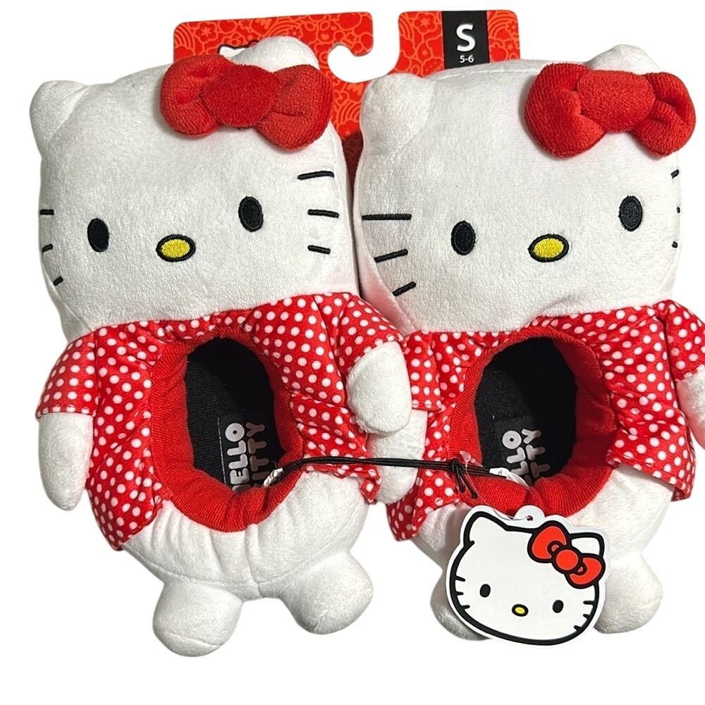 Sanrio Hello Kitty Plush Slippers Red Polka Dot Dress Womens Size Small 5-6 NEW
